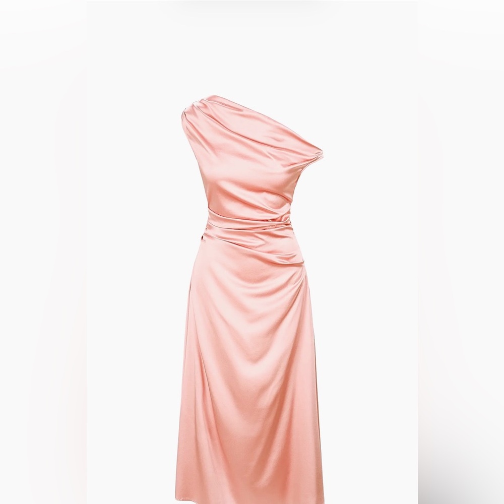 STAUD One-Shoulder Satin Midi Dress in Blush Pink